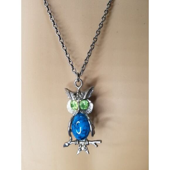 60s Vintage Turquoise Belly Green Crystal Eyes Owl Pendant Chain Link Necklace - Picture 2 of 7